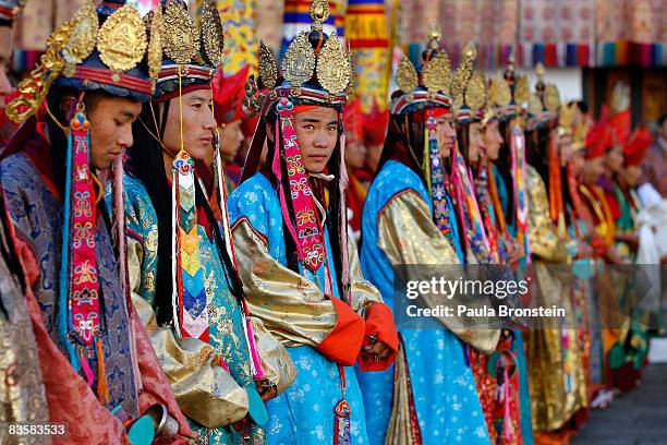 Ceremonial dancers line up for the crowning ceremony of his Majesty Jigme Khesar Namgyel Wangchuck at the Dratshang Kuenra Tashichho Dzong on...