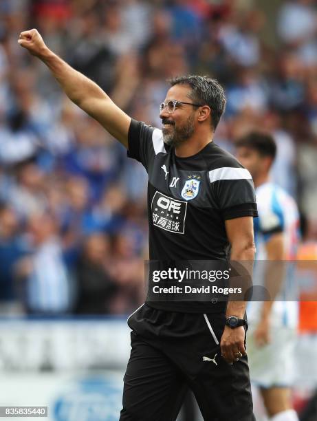 David Wagner, Manager of Huddersfield Town celebrates victory after the Premier League match between Huddersfield Town and Newcastle United at John...