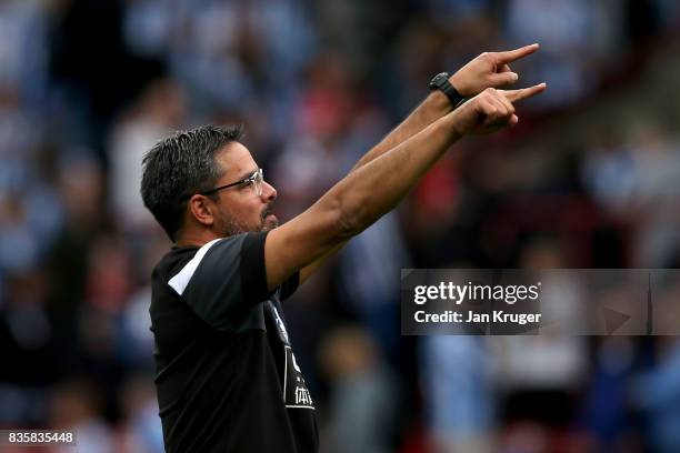 David Wagner, Manager of Huddersfield Town celebrates victory after the Premier League match between Huddersfield Town and Newcastle United at John...