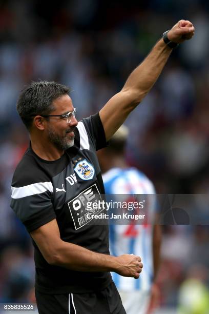 David Wagner, Manager of Huddersfield Town celebrates victory after the Premier League match between Huddersfield Town and Newcastle United at John...