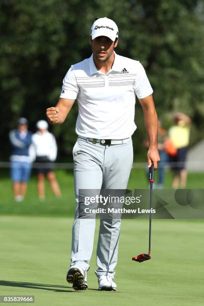Adrian Otaegui of Spain celebrates holing a putt for victory on the 17th green during the final match of the Saltire Energy Paul Lawrie Matchplay at...