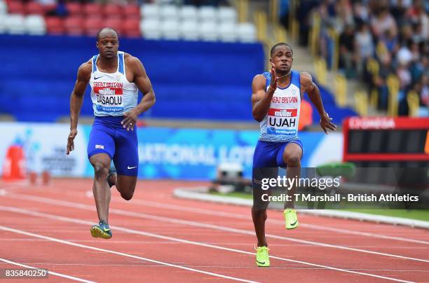 Chijindu Ujah of Great Britain winner of the Mens 100m leads from James Dasaolu of Great Britain during the Muller Grand Prix and IAAF Diamond League...