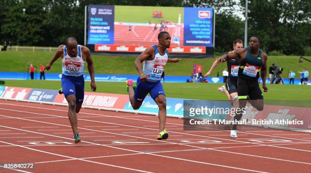 Chijindu Ujah of Great Britain wins the Mens 100m during the Muller Grand Prix and IAAF Diamond League event at Alexander Stadium on August 20, 2017...