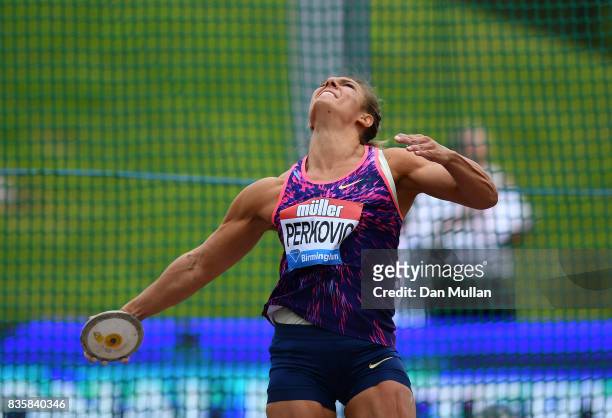 Sandra Perkovic of Croatia competes in the Womens Discus during the Muller Grand Prix Birmingham meeting on August 20, 2017 in Birmingham, United...