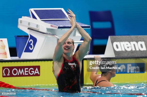 Katinka Hosszu of Hungary celebrates after she wins the Women's 400m IM final during day seventeen of the FINA World Championships at the Duna Arena...