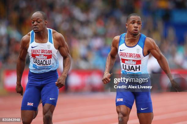 Chijindu Ujah of Great Britain wins the Mens 100m race from James Dasaolu of Great Britain during the Muller Grand Prix Birmingham meeting at...