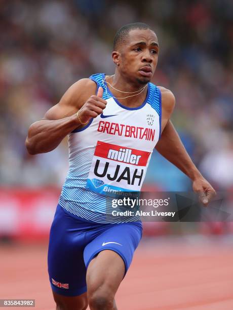 Chijindu Ujah of Great Britain wins the Mens 100m race during the Muller Grand Prix Birmingham meeting at Alexander Stadium on August 20, 2017 in...