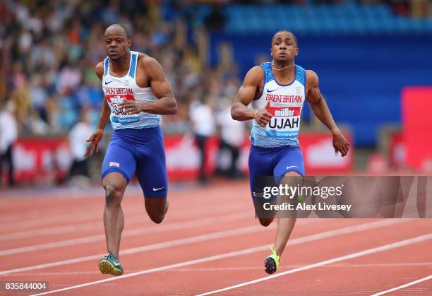 Chijindu Ujah of Great Britain wins the Mens 100m race from James Dasaolu of Great Britain during the Muller Grand Prix Birmingham meeting at...