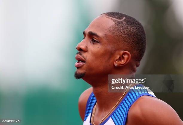 Chijindu Ujah of Great Britain looks on after the Mens 100m race during the Muller Grand Prix Birmingham meeting at Alexander Stadium on August 20,...