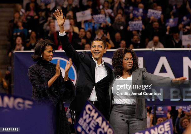 Presidential Candidate Barack Obama is joined by special guest Oprah Winfrey and his wife Michelle Obama during a rally held at the Verizon Wireless...