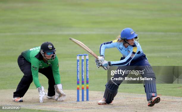 Lauren Winfield of Yorkshire Diamonds batting during the Kia Super League between Yorkshire Diamonds v Western Storm at York on August 20, 2017 in...