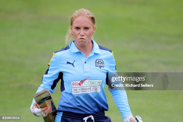 Lauren Winfield of Yorkshire Diamonds out after scoring 58 during the Kia Super League between Yorkshire Diamonds v Western Storm at York on August...