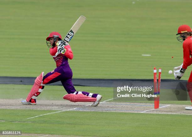 Sonia Odedra of Loughborough Lightning is bowled by Sophie Ecclestone of Lancashire Thunder during the Kia Super League match between Lancashire...