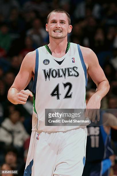 Kevin Love of the Minnesota Timberwolves reacts during the game against the Dallas Mavericks on November 1, 2008 at the Target Center in Minneapolis,...