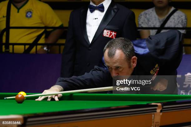 Mark Williams of Wales plays a shot during his quarterfinal match against Li Hang of China on day five of Evergrande 2017 World Snooker China...