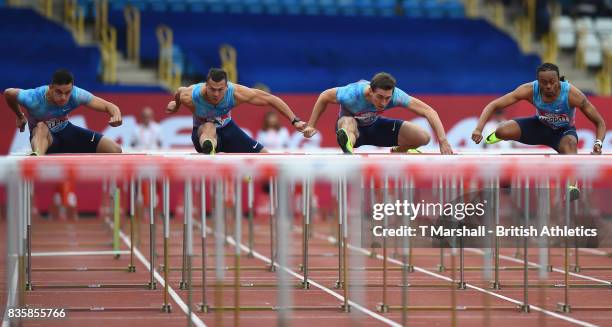 Balazs Baji of Hungary and Sergey Shubenkov in action in the Mens 110m hurdles during the Muller Grand Prix and IAAF Diamond League event at...