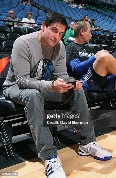 Owner Mark Cuban of the Dallas Mavericks sits courtside prior to the game against the Minnesota Timberwolves on November 1, 2008 at the Target Center...