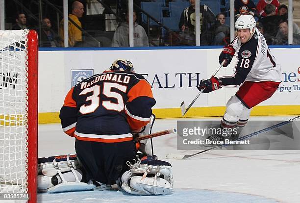 Umberger of the Columbus Blue Jackets takes the shot against Andy MacDonald of the New York Islanders on November 3, 2008 at the Nassau Coliseum in...