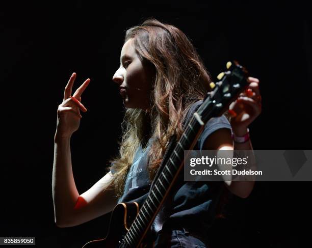 Singer Alana Haim of HAIM performs onstage during the Alt 98.7 Summer Camp concert at Queen Mary Events Park on August 19, 2017 in Long Beach,...