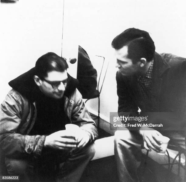 American authors Allen Ginsberg and Jack Kerouac talk together at the Hansa Gallery , New York, New York, March 16, 1959. The pair were at the...