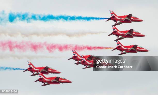 The Red Arrows perform at the Festival of Flight at Biggin Hill Airport on August 20 on August 20, 2017 in Biggin Hill, England.