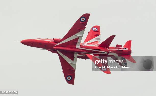 The Red Arrows perform at the Festival of Flight at Biggin Hill Airport on August 20 on August 20, 2017 in Biggin Hill, England.