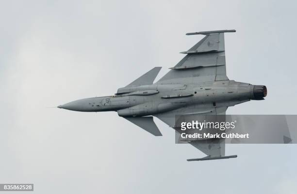 The Saab JAS-39 Gripen performs at the Festival of Flight at Biggin Hill Airport on August 20 on August 20, 2017 in Biggin Hill, England.