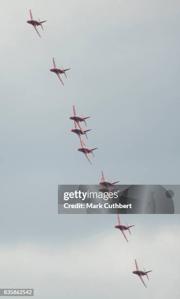 The Red Arrows perform at the Festival of Flight at Biggin Hill Airport on August 20 on August 20, 2017 in Biggin Hill, England.