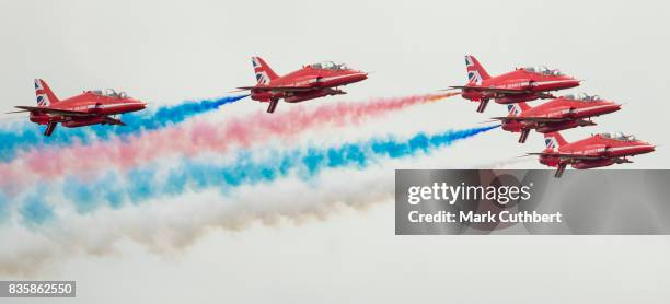 The Red Arrows perform at the Festival of Flight at Biggin Hill Airport on August 20 on August 20, 2017 in Biggin Hill, England.