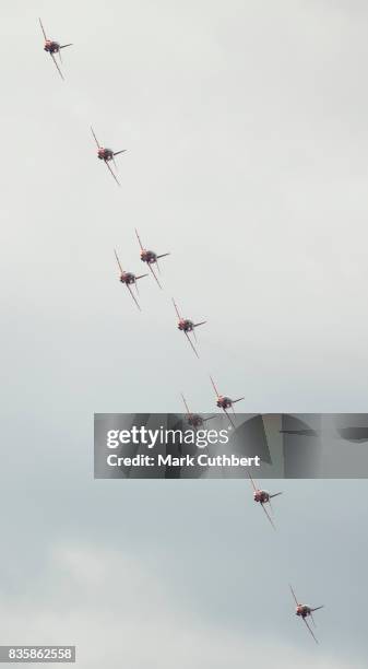 The Red Arrows perform at the Festival of Flight at Biggin Hill Airport on August 20 on August 20, 2017 in Biggin Hill, England.