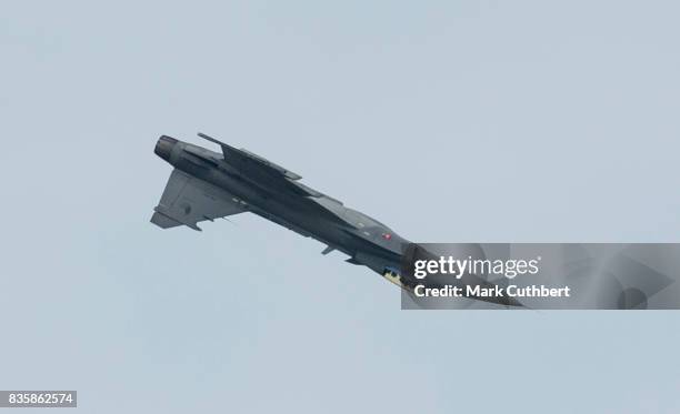 The Saab JAS-39 Gripen performs at the Festival of Flight at Biggin Hill Airport on August 20 on August 20, 2017 in Biggin Hill, England.