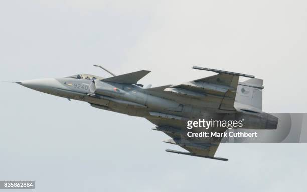 The Saab JAS-39 Gripen performs at the Festival of Flight at Biggin Hill Airport on August 20 on August 20, 2017 in Biggin Hill, England.