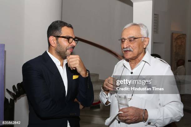 Entrepreneur Sanjay Kapur with RS Sodhi during the launch of businesswoman Priti Paul's debut book, that aims at teaching alphabet in an Indian way,...