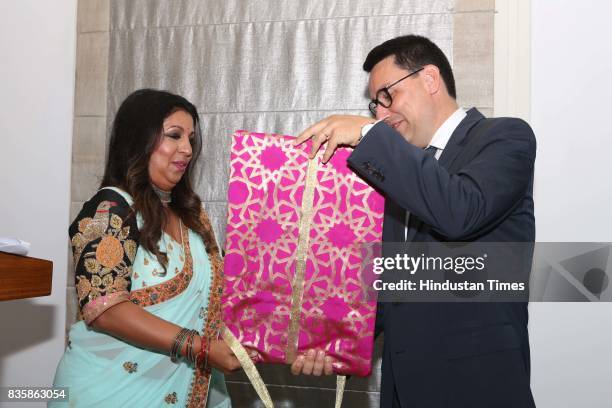 French Ambassador to India, Alexandre Ziegler, with Businesswoman Priti Paul during the launch of businesswoman Priti Paul's debut book, that aims at...