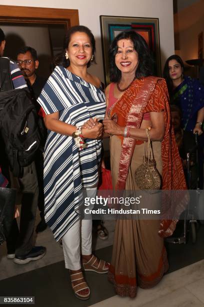 Priya Paul with Shovana Narayan during the launch of businesswoman Priti Paul's debut book, that aims at teaching alphabet in an Indian way, at...