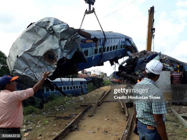 Coaches of the Kalinga Utkal Express train after it derailed in Khatauli, on August 20, 2017 in Muzaffarnagar, India. The Kalinga Utkal Express was...