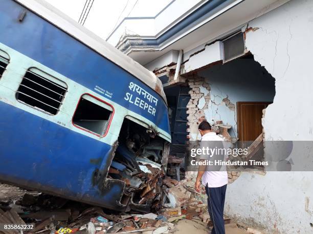 Coaches of the Kalinga Utkal Express train after it derailed in Khatauli, on August 20, 2017 in Muzaffarnagar, India. The Kalinga Utkal Express was...