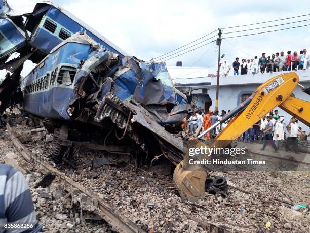 Coaches of the Kalinga Utkal Express train after it derailed in Khatauli, on August 20, 2017 in Muzaffarnagar, India. The Kalinga Utkal Express was...
