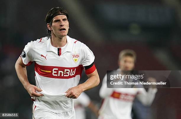 Mario Gomez of Stuttgart celebrates his second goal during the UEFA Cup Group C match between VfB Stuttgart and FK Partizan at the Mercedes Benz...