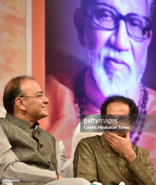 Union Minister Arun Jaitley and Shiv Sena Chief Uddhav Thackeray during the release of a compilation of a hundred interviews of Bal Thackeray in the...