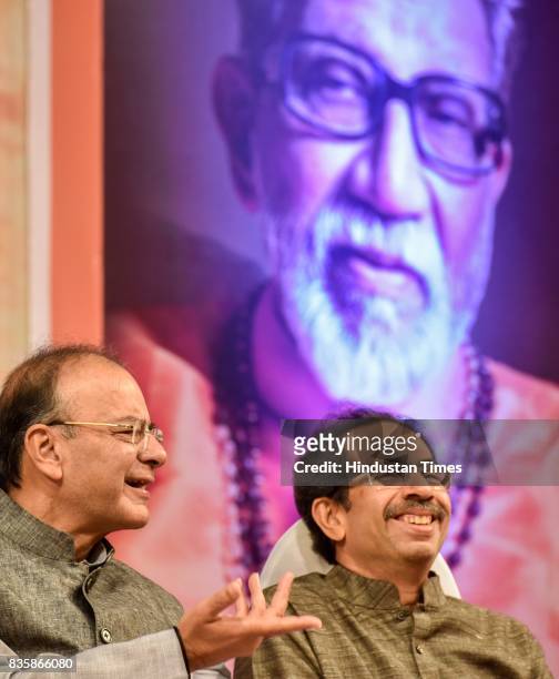 Union Minister Arun Jaitley and Shiv Sena Chief Uddhav Thackeray during the release of a compilation of a hundred interviews of Bal Thackeray in the...