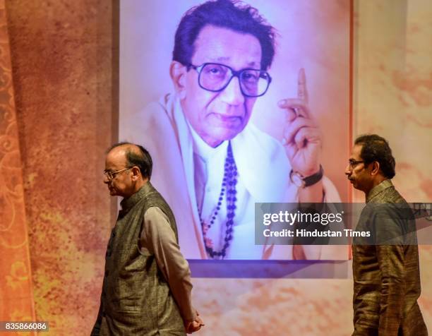 Union Minister Arun Jaitley and Shiv Sena Chief Uddhav Thackeray during the release of a compilation of a hundred interviews of Bal Thackeray in the...