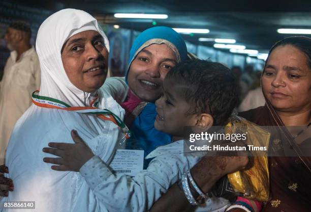 Indian Muslims during their first flight to Haj at Chhatrapati Shivaji International Terminus, on August 18, 2017 in Mumbai, India. A large number of...