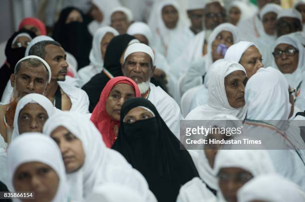 Indian Muslims during their first flight to Haj at Chhatrapati Shivaji International Terminus, on August 18, 2017 in Mumbai, India. A large number of...