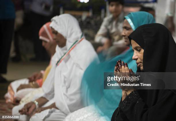 Indian Muslims during their first flight to Haj at Chhatrapati Shivaji International Terminus, on August 18, 2017 in Mumbai, India. A large number of...