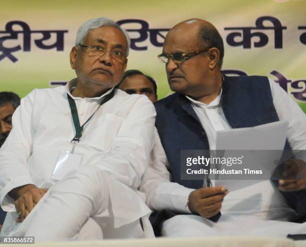 Bihar Chief Minister and JD Chief Nitish Kumar with KC Tyagi at National Council Meeting of the party, on August 19, 2017 in Patna, India. Nitish...