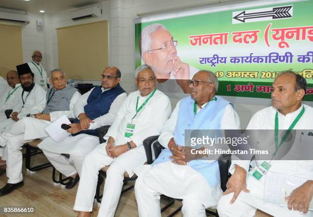 Bihar Chief Minister and JD Chief Nitish Kumar with KC Tyagi and other leaders at National Council Meeting of the party, on August 19, 2017 in Patna,...