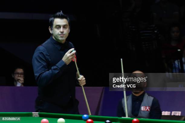 Ronnie O'Sullivan of England reacts during his quarterfinal match against Luca Brecel of Belgium on day five of Evergrande 2017 World Snooker China...