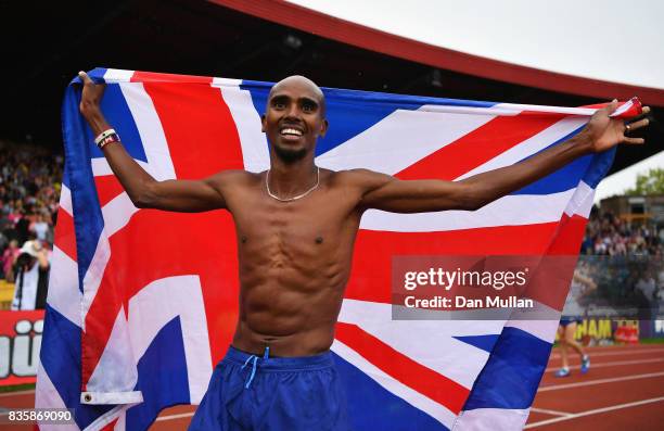 Mo Farah of Great Britain celebrates winning the the Men's 3000m, his last UK track race during the Muller Grand Prix Birmingham as part of the IAAF...