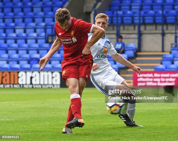 Matty Virtue of Liverpool scores his second goal during the Liverpool v Sunderland U23 Premier League game at Prenton Park on August 20, 2017 in...